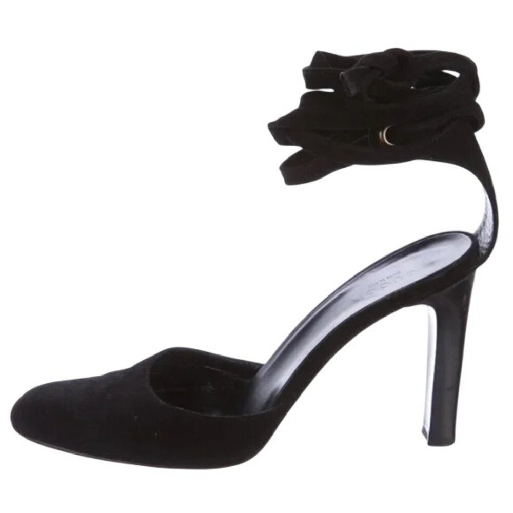 Gucci Black Italian Suede Leather Luxury Leg Wrap Closed Toe Pumps Heels sz 7.5